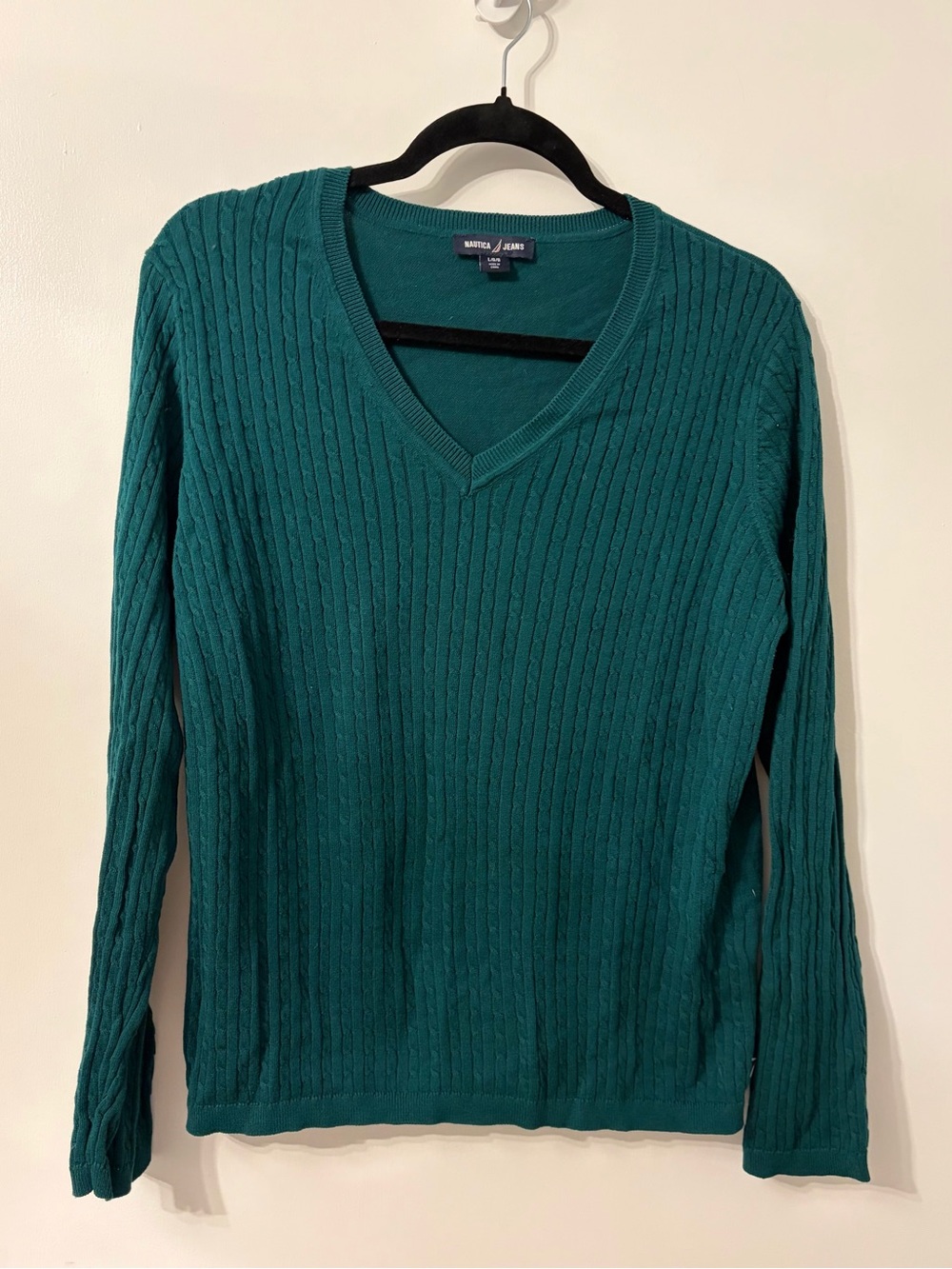 Nautica Women's V-Neck Cable Sweater in Teal